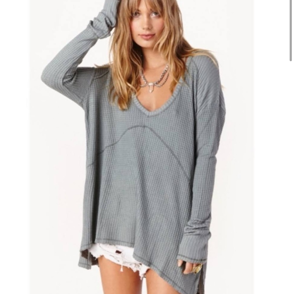 Free People Gray V-Neck Thermal Top